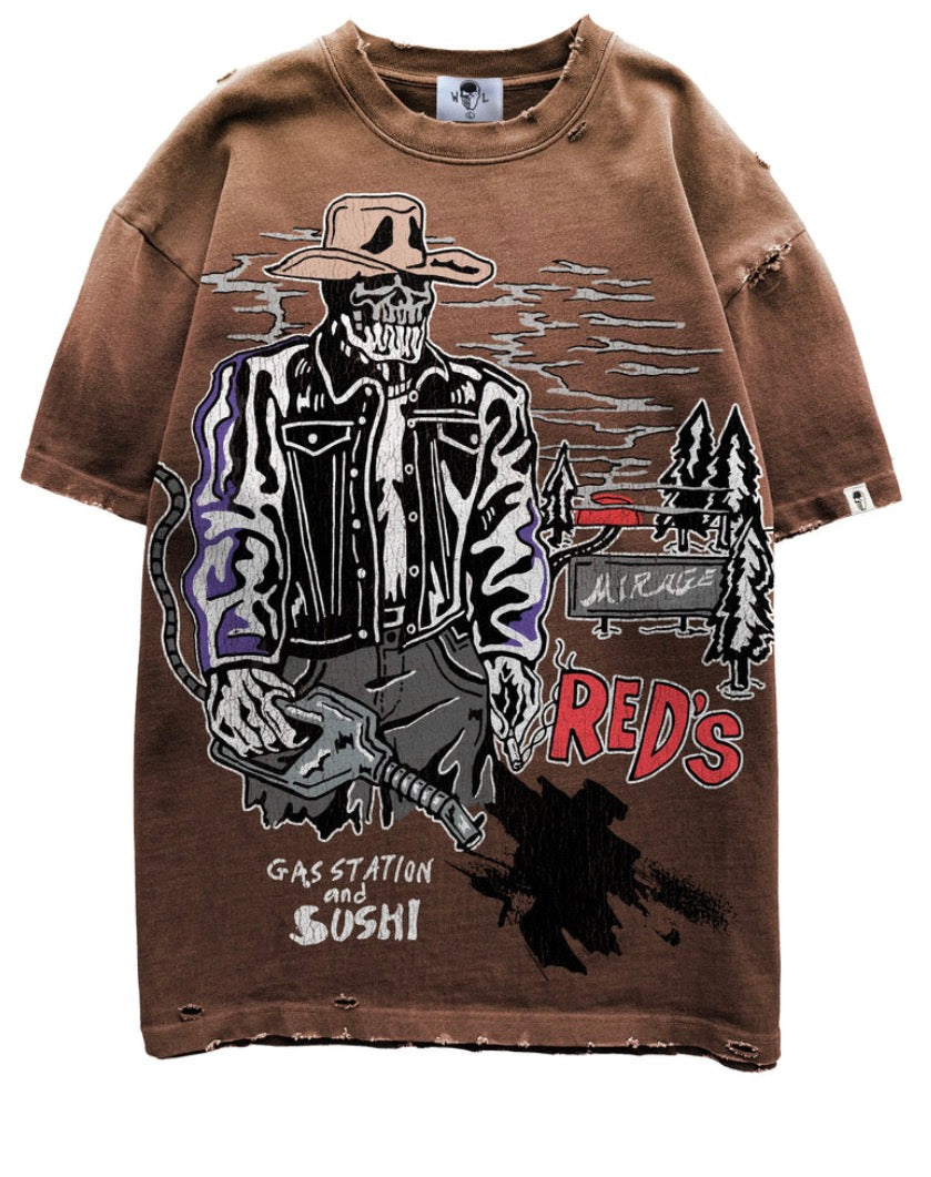 Warren Lotas Red's Country Gas Station and Sushi Distressed Tee "Brown"